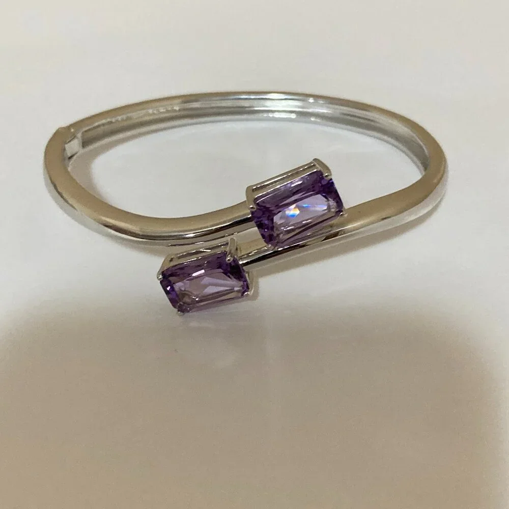 Sterling Silver Amethyst Semi Wrap Bangle Bracelet - Picture 1 of 9